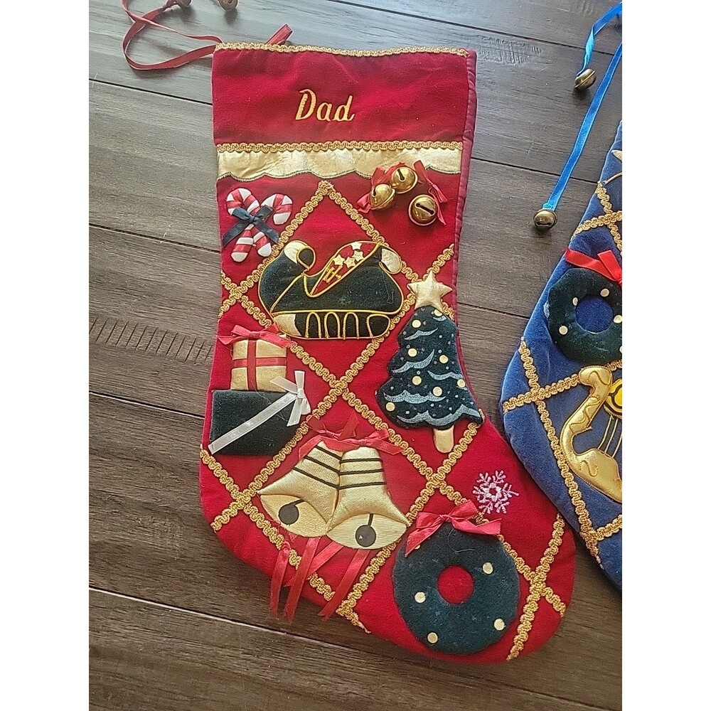 Vintage Velvet Christmas Stocking Lot Dad Mom Gold Braid 3D Applique Kitsch Pair - Picture 2 of 3
